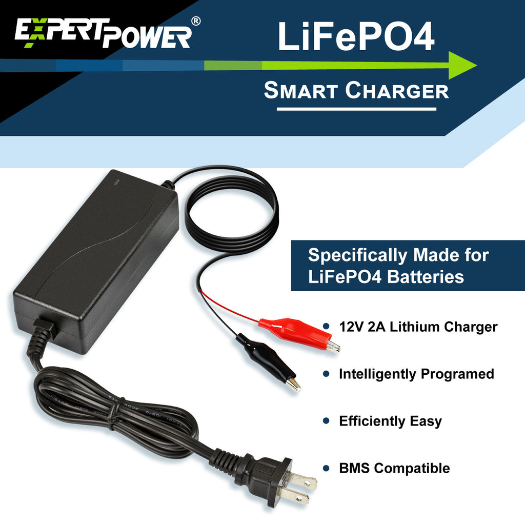 12V 2A Smart Charger for Lithium LiFePO4 Deep Cycle Rechargeable Batteries  ExpertPower Direct