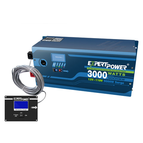 ExpertPower 3000W Pure Sine Wave Inverter Charger | Peak 9000W | DC 12V - AC 110V | LifePO4/ Lithium Battery Compatible | Auto Transfer Switch | LCD