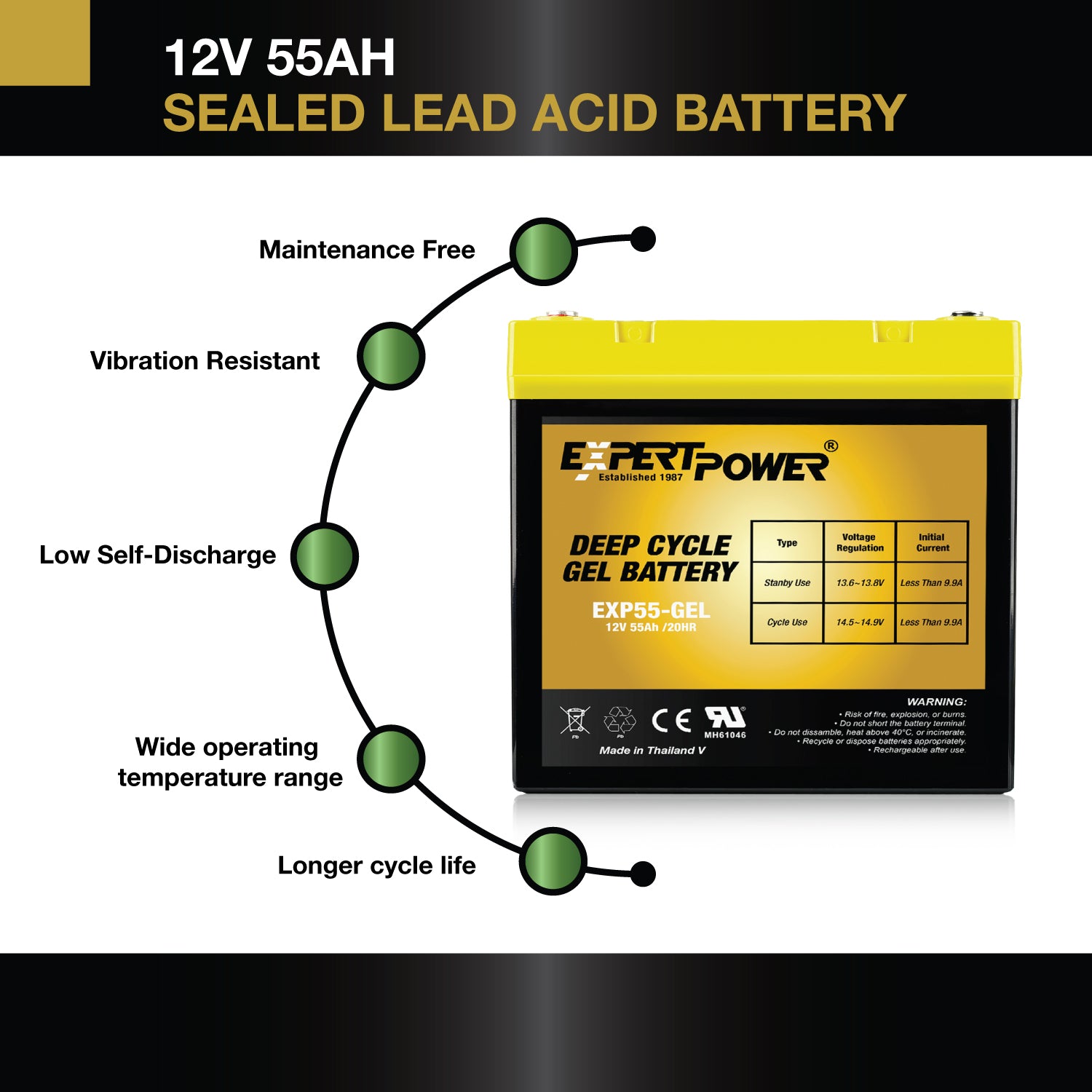 EXP55-GEL 12V 55Ah Gel Deep Cycle - ExpertPower Direct