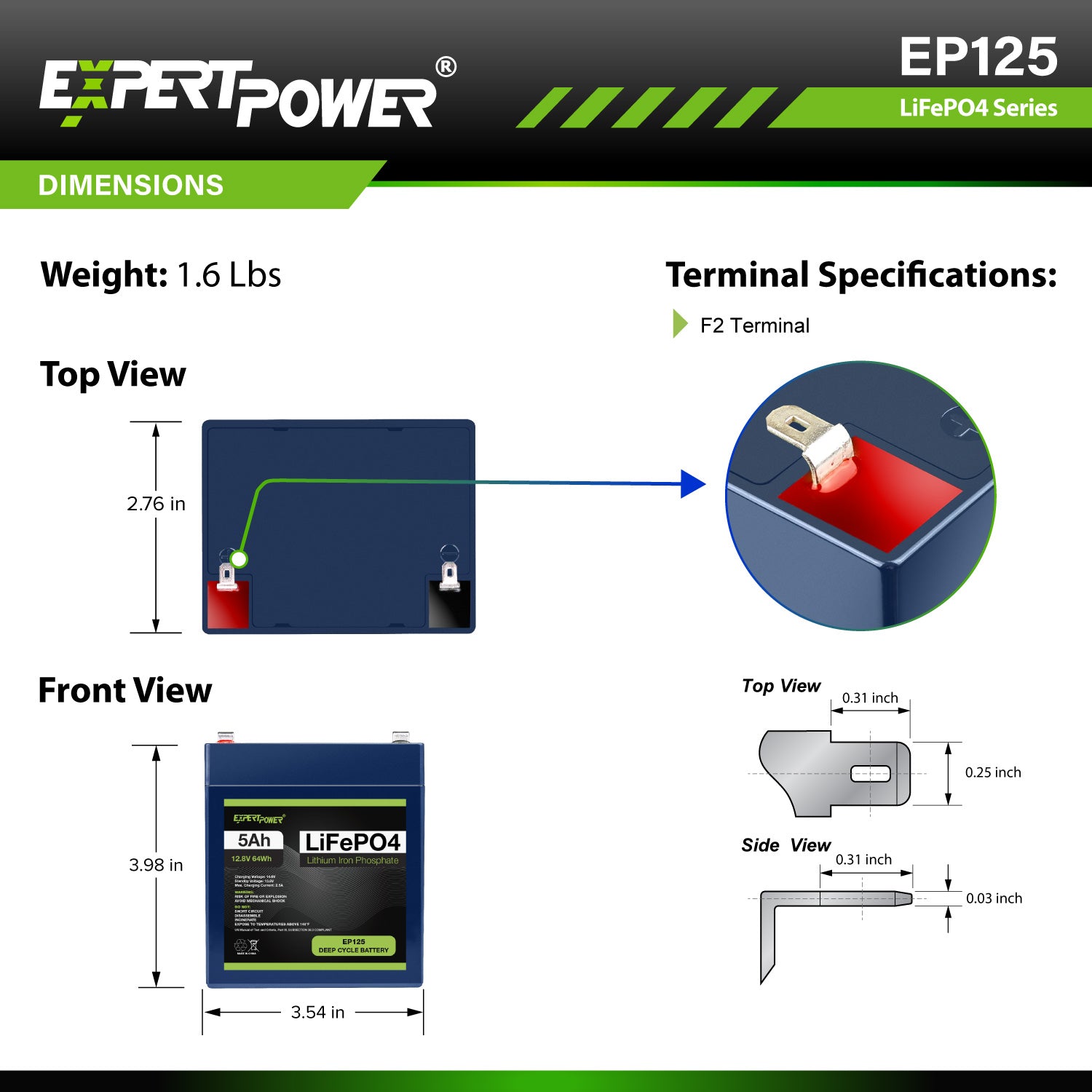 12V 5Ah LiFePO4 - EP125 - ExpertPower Direct