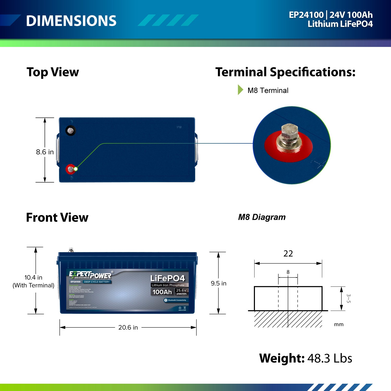 24V 100Ah LiFePO4 - EP24100 Bluetooth - ExpertPower Direct