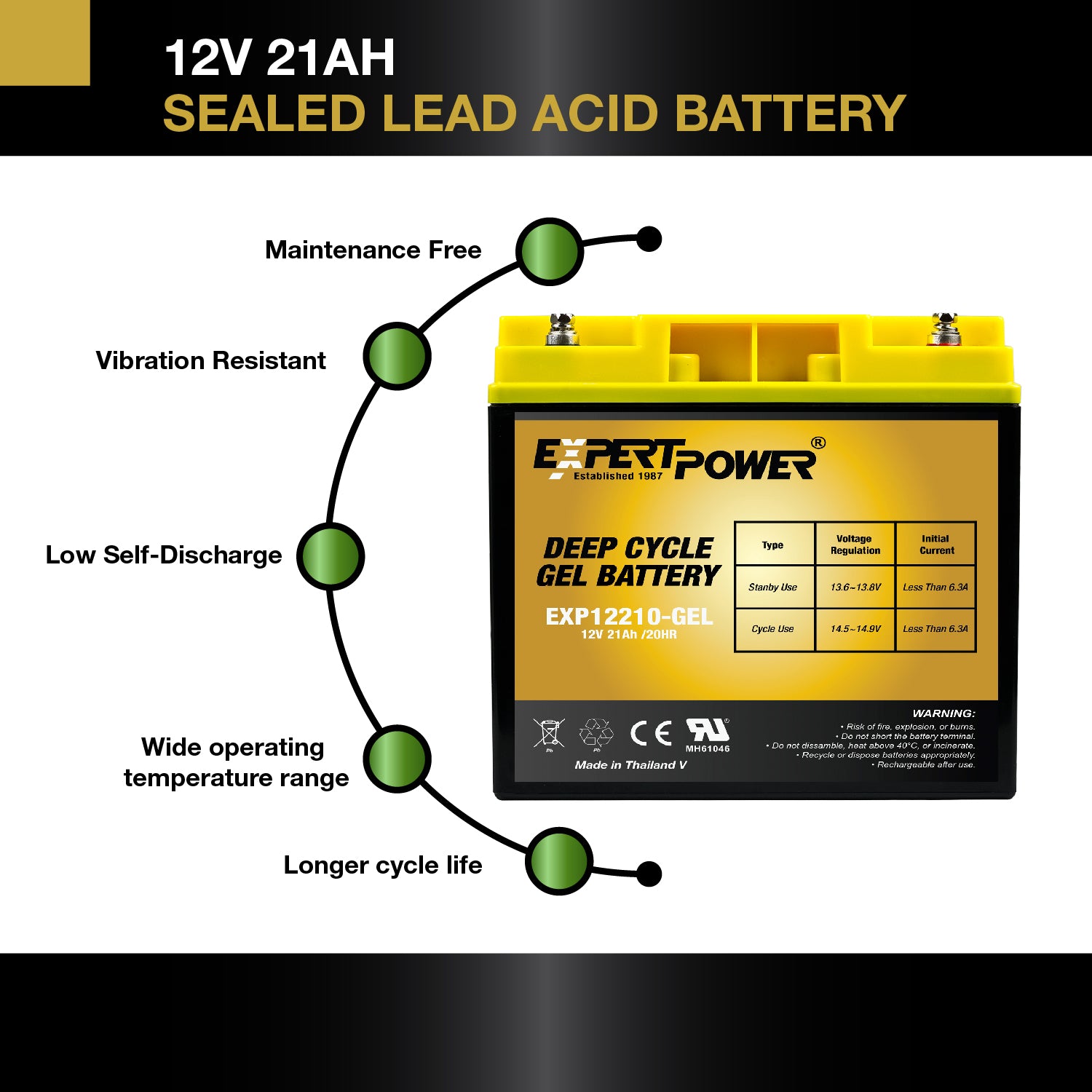 EXP12210-GEL 12V 21AH Gel Deep Cycle - ExpertPower Direct