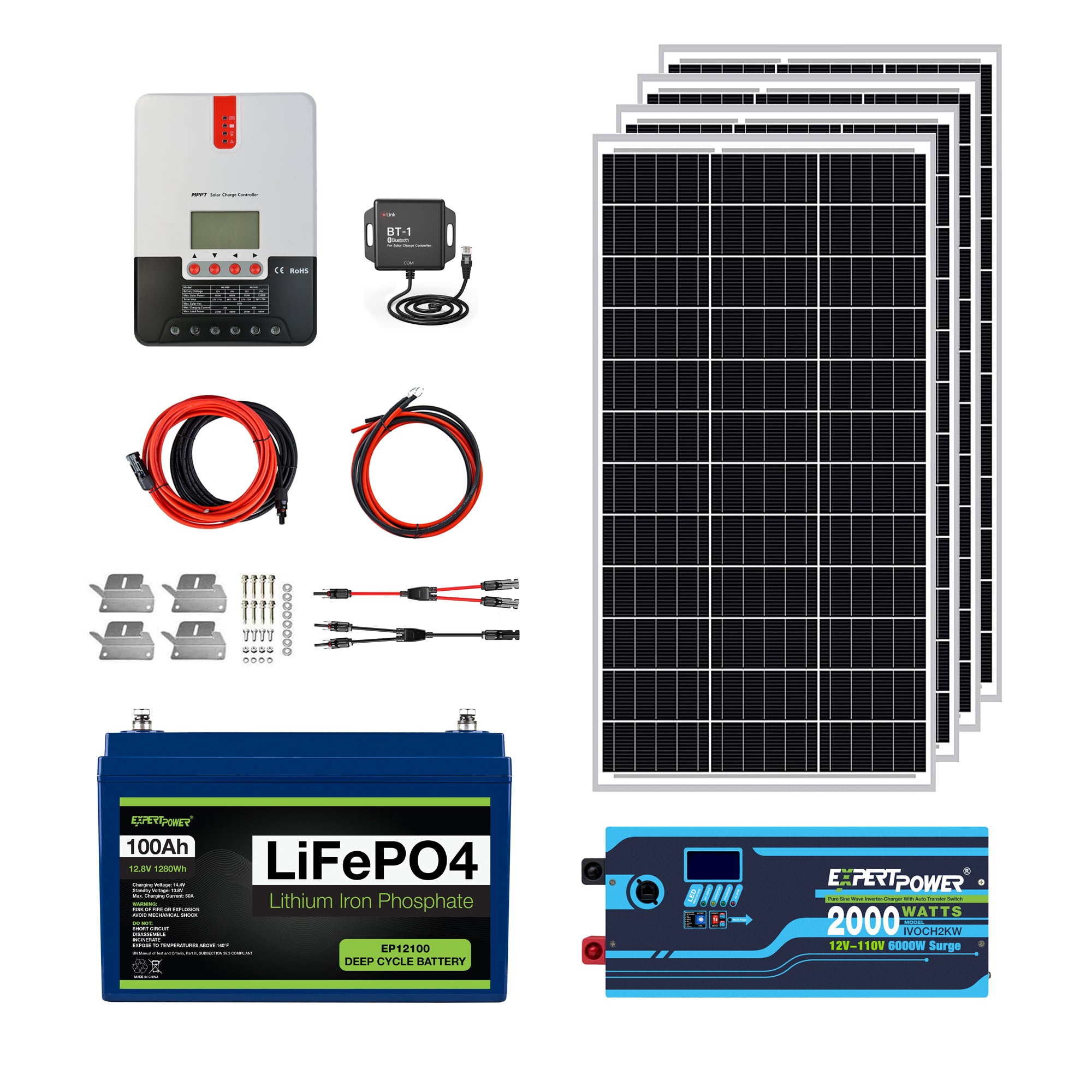 ExpertPower 1.3KWH 12V Solar Power Kit | LiFePO4 12V 100Ah, 400W Mono Solar Panels, 30A MPPT Solar Charge Controller, 2kW Pure Sine Wave Inverter