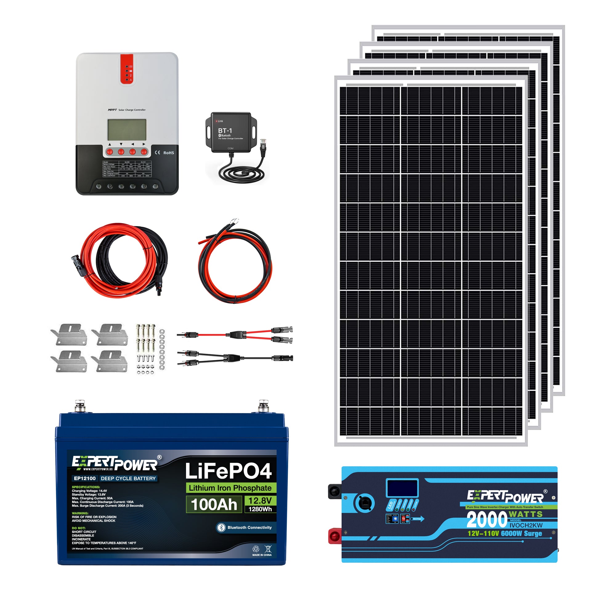 12V 100Ah & 400W Off-Grid Solar System Kit, 2000W Pure Sine Wave Inverter  Charger, 30A MPPT Solar Charge Controller