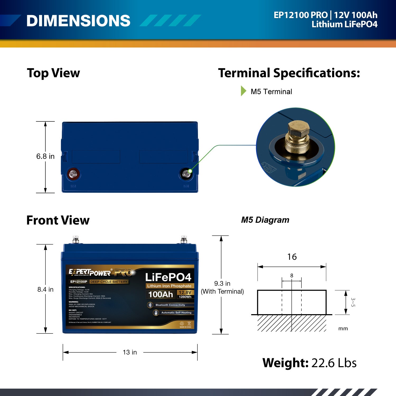 12V 100Ah LiFePO4 - EP12100 PRO - ExpertPower Direct